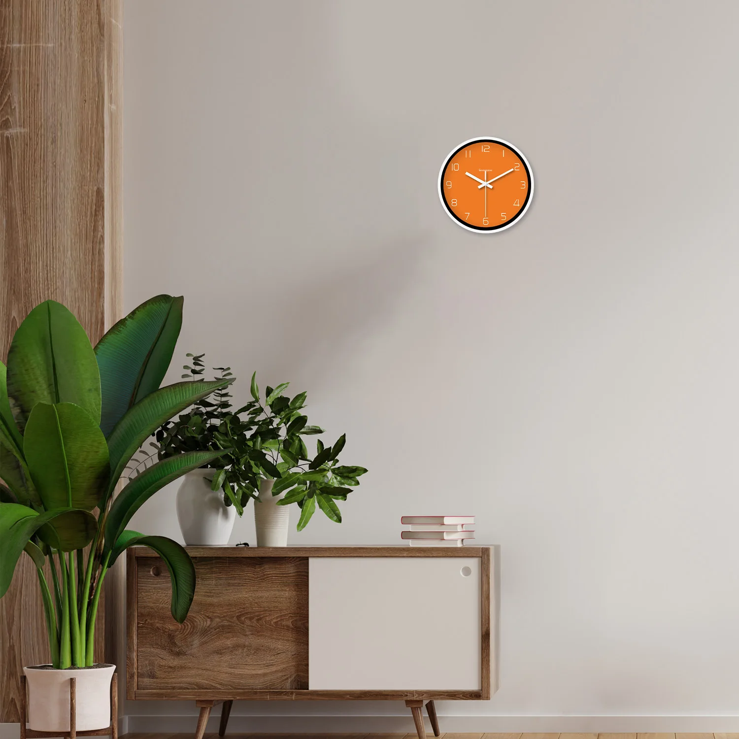 8inch Modern Normcore Orange Pattern Plastic Glass Wall Clock Living Room Bedroom Kitchen Home Decoration Wall Clock Silent Quartz Clock Holiday Gift (No Battery)