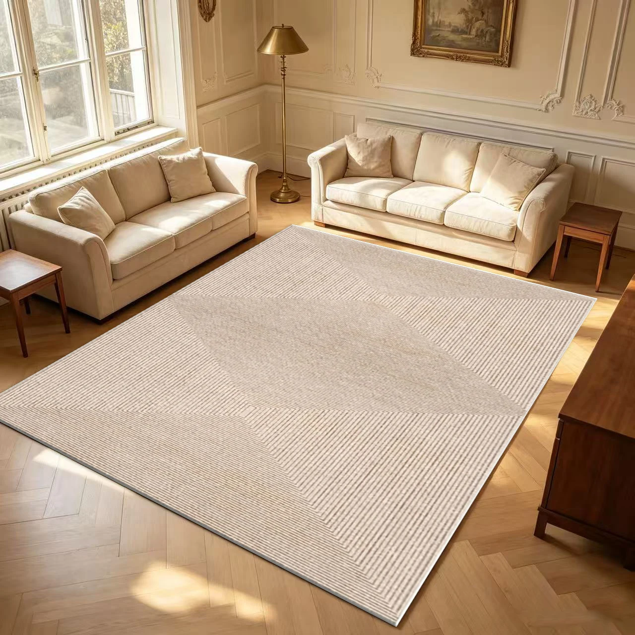 Beige Concentric Rectangle Linear Carpet Flooring Neutral Minimalist Geometric Area Rug for Living Room Home Decor