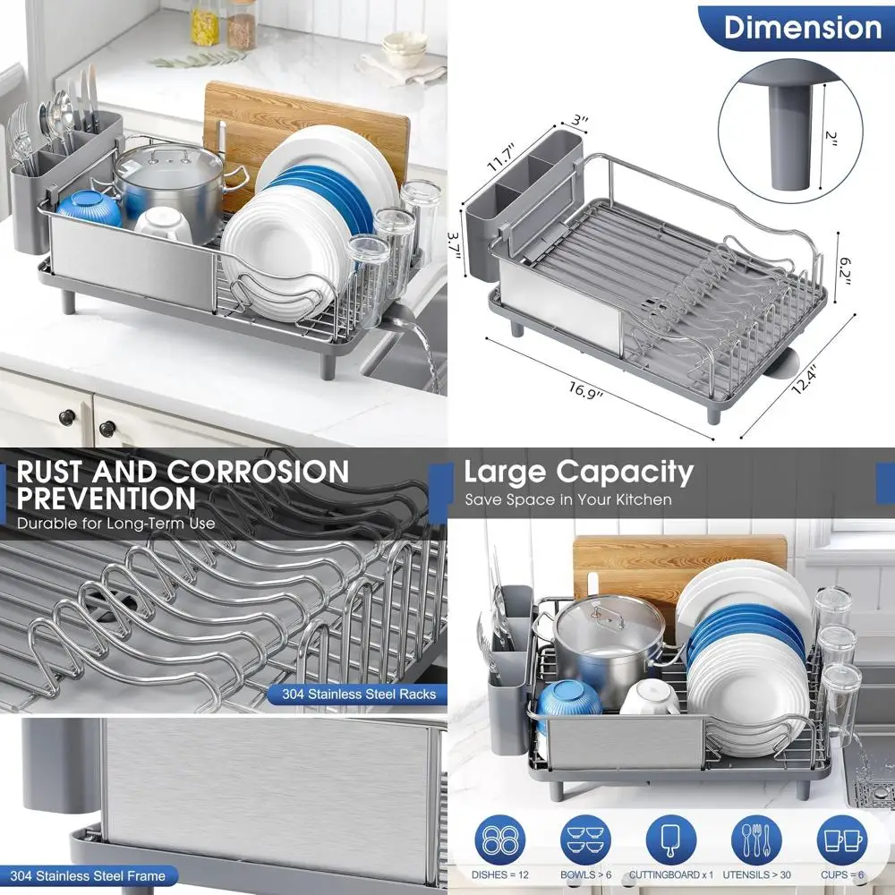 

Large Capacity 304 Stainless Steel Kitchen Dish Rack with Drain Board, Utensil Holder & Detachable Cup Shelf - Rustproof Multifu