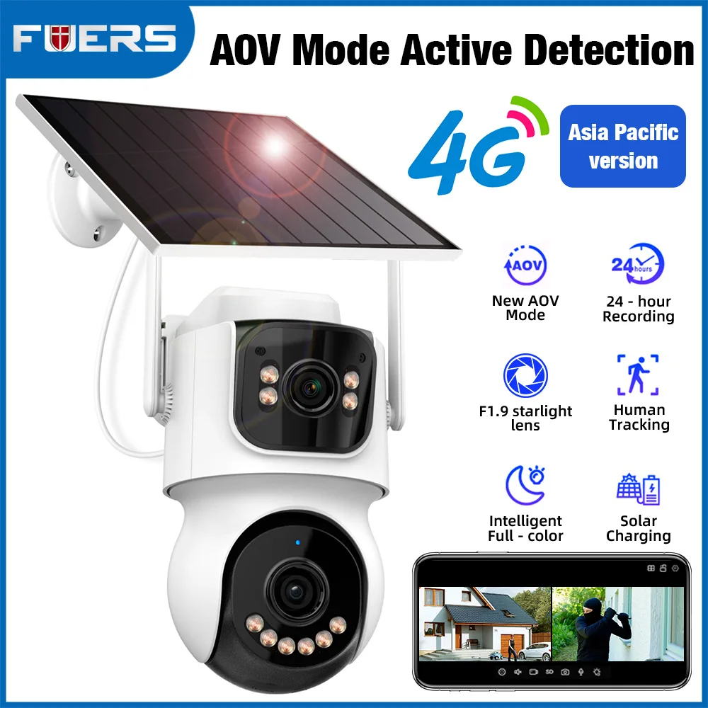

FUERS 4G WIFI AOV Dual Lens 4MP Solar Camera Dual Screen Outdoor WiFi ICSee Asia Pacific Camera Video Recording Auto Tracking