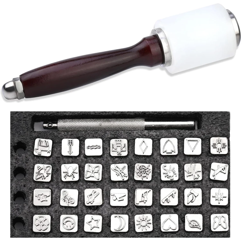 

34Pcs Leather Craft Stamping Tools Kit with Geometric Pattern Stamps and Hammer for Leather Belt Wristband Crafting DIY Project