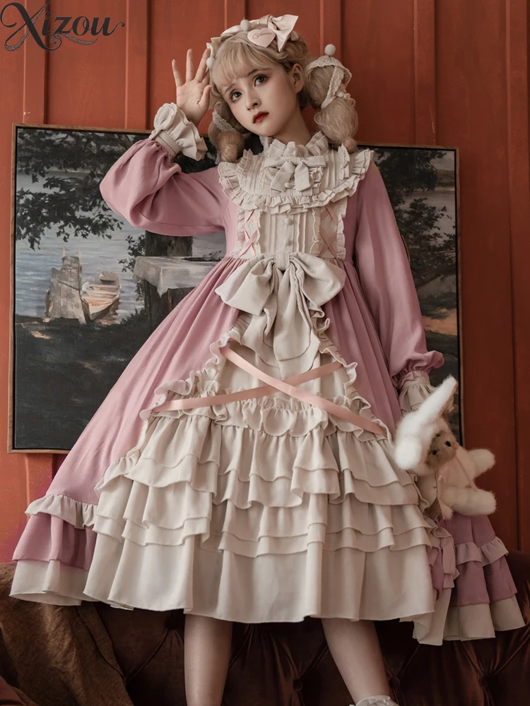 オリジナルフレンチスタイルエレガントプリンセスロリータドレスファッションボールガウン女性のミッドレングス長袖ドレス秋冬