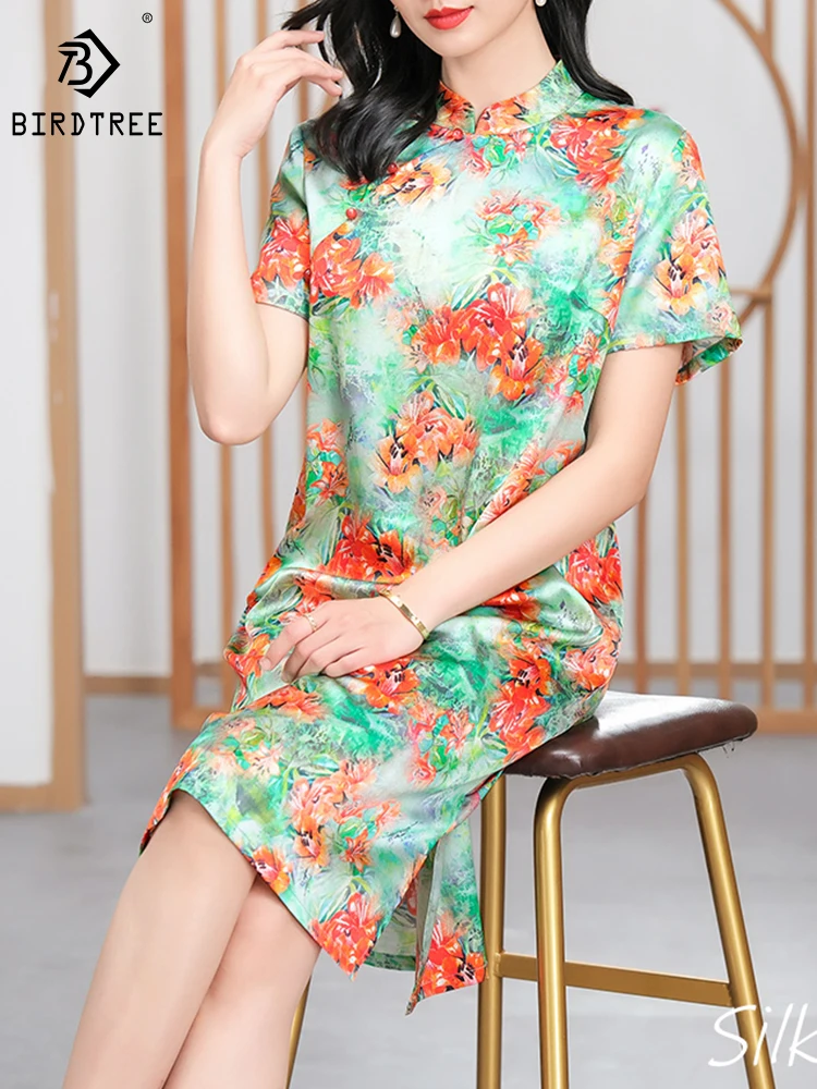 BirdTree 89.4%Real Silk Plus Size Dresses Women,Stand Neck Short Sleeves Floral,Slim Elegant Cheongsam,2024 Spring New D42286QD