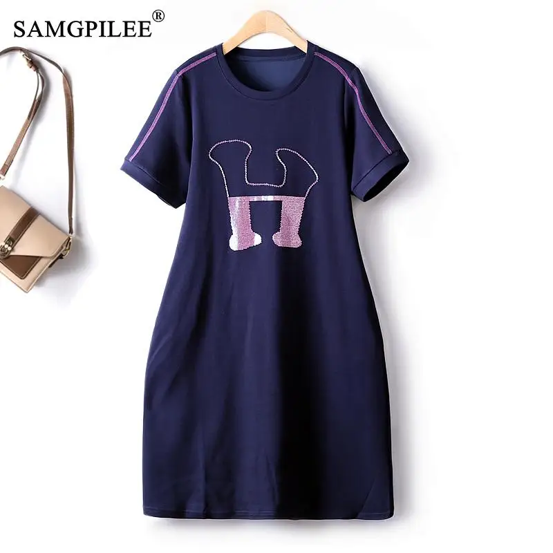 

European Station Letter Hot Diamond Women's Dress 2023 Summer New O Neck Short Sleeve Air Cotton Elegant Casual Female Dress 4XL