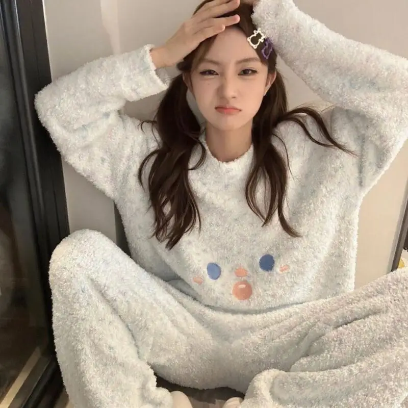 

Женский пижамный комплект, мягкий пушистый комплект из флиса с круглым вырезом, свободный крой, большие размеры, зимняя теплая одежда для сна, домашняя одежда, домашняя одежда для девочек