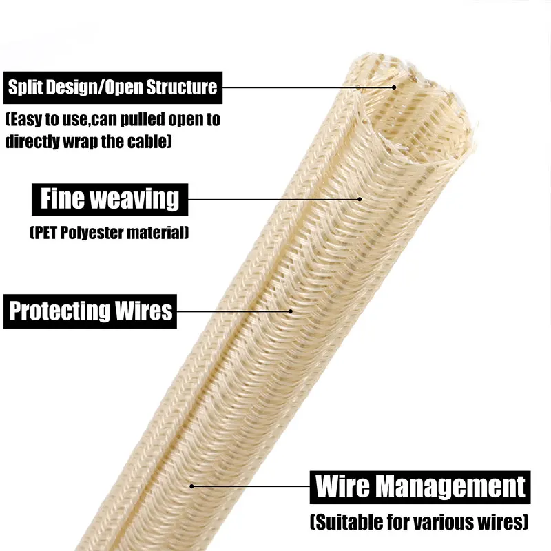 1-50M Wood Color Self Closed Cable Sleeve 3mm-32mm PET Braid Auto Line Management Overlaps Split Loom Tube Wire Protect Wrap