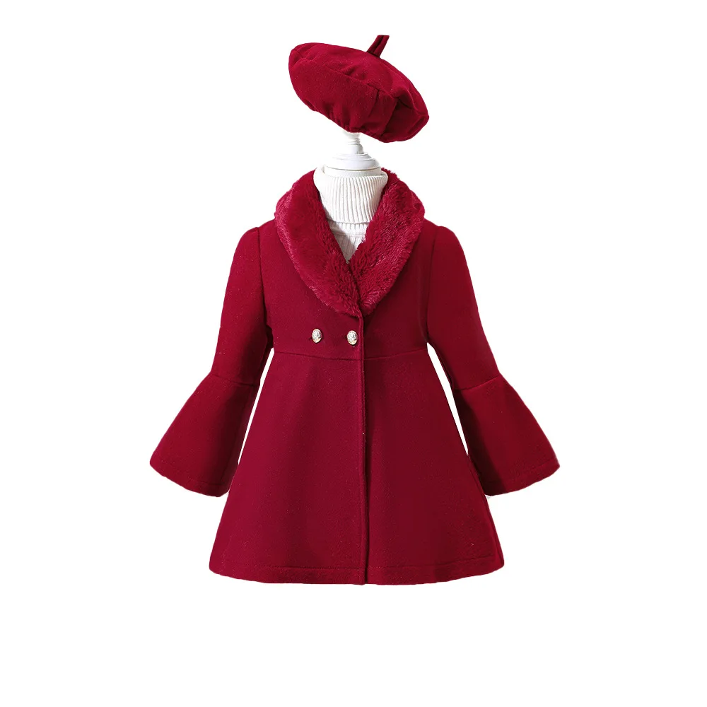 Kids Casual Coat For Girls Clothes Winter 2024 New Child Fashion Long Sleeve Fur Collar Red Outwear Tweed Coat with Beret Hat