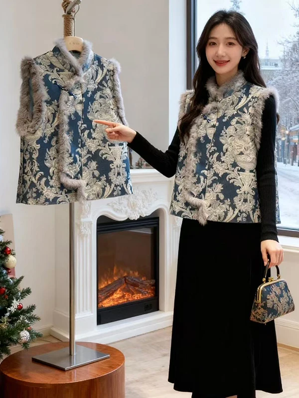 

Новый синий утепленный хлопковый жилет в китайском стиле для женщин, осенне-зимняя теплая верхняя одежда с круглым вырезом и одной пуговицей, полиэстер