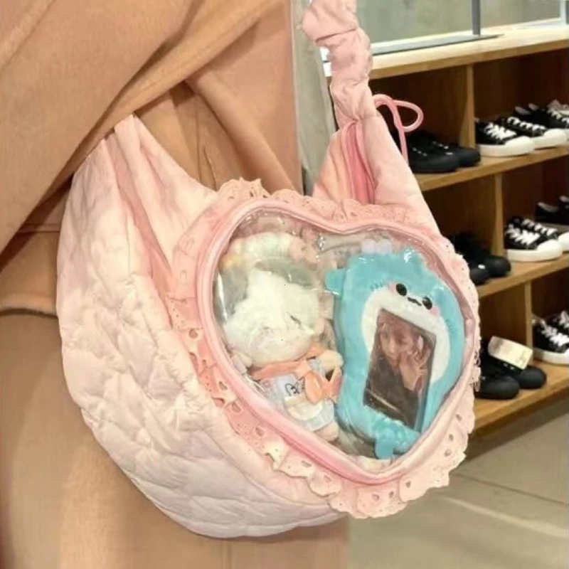 Pink Cute Womens Shoulder Bag Pleated Love Heart Lolita Jk Ita Bag Drawstring Ballet Style Sweet Fashion Female Handbag