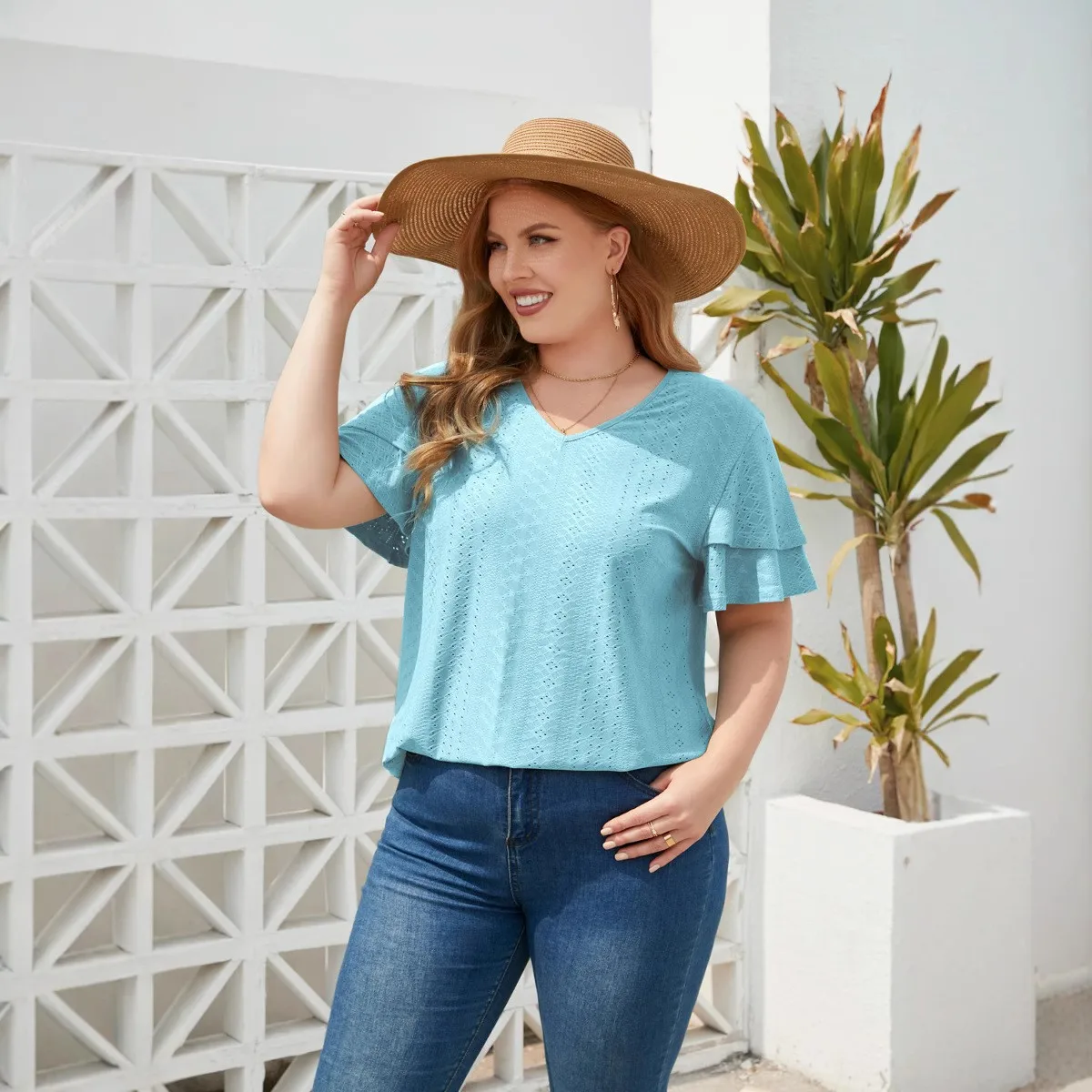 Casual V Neck Loose Fit Top with Street Style Geometric Pattern Hollow Out Short Sleeve T Shirt for Women Summer Regular Length