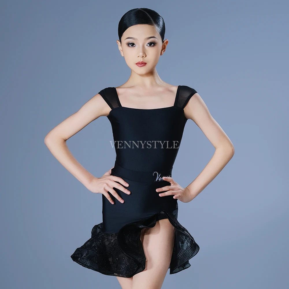 

Vennystyle Latin Dance Set Women stereoscopic Floral Lace Skirt & Minimalist Top Ballroom Practice Wear Tiered Design Kids latin