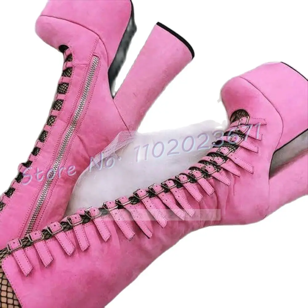 Pink Strappy Platform Boots Women Spring Cut-out Round Toe High Chunky Heels Shoes Lovely Female Multi Buckles Knee High Boots