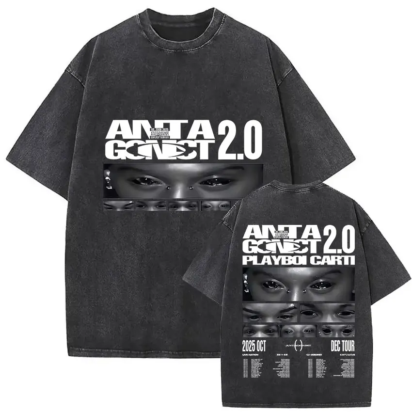تي شيرت عتيق مغسول Playboi Carti Antagonist 2.0 Tour 2025 تي شيرت للرجال والنساء موضة الهيب هوب البوب تي شيرت كبير الحجم المشجعين ملابس الشارع #3