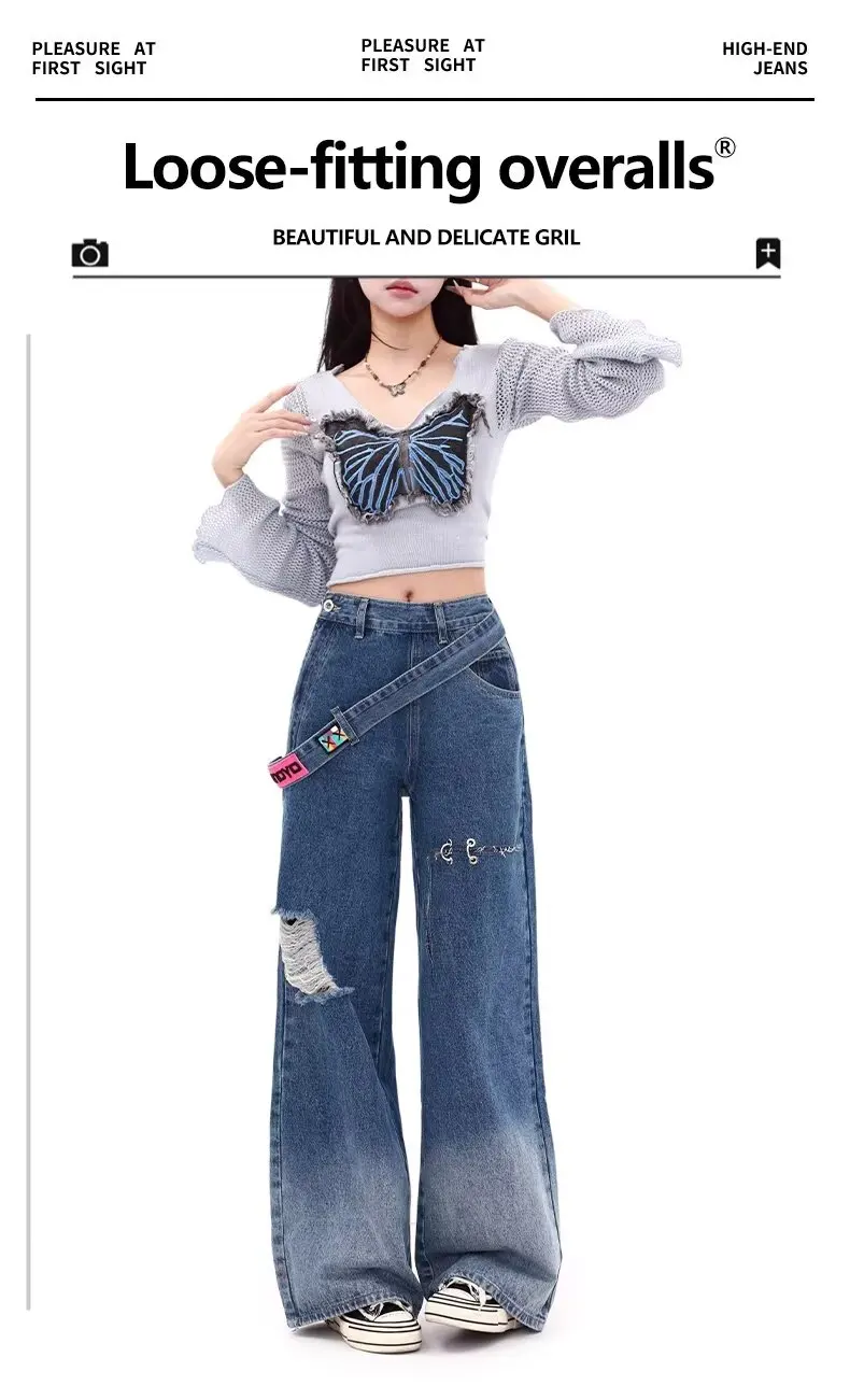Pantalones vaqueros para mujer, Vaqueros americanos Y2k, Vaqueros de talle alto para mujer, Coqueta Shoujo, estilo de niña, ropa holgada acampanada