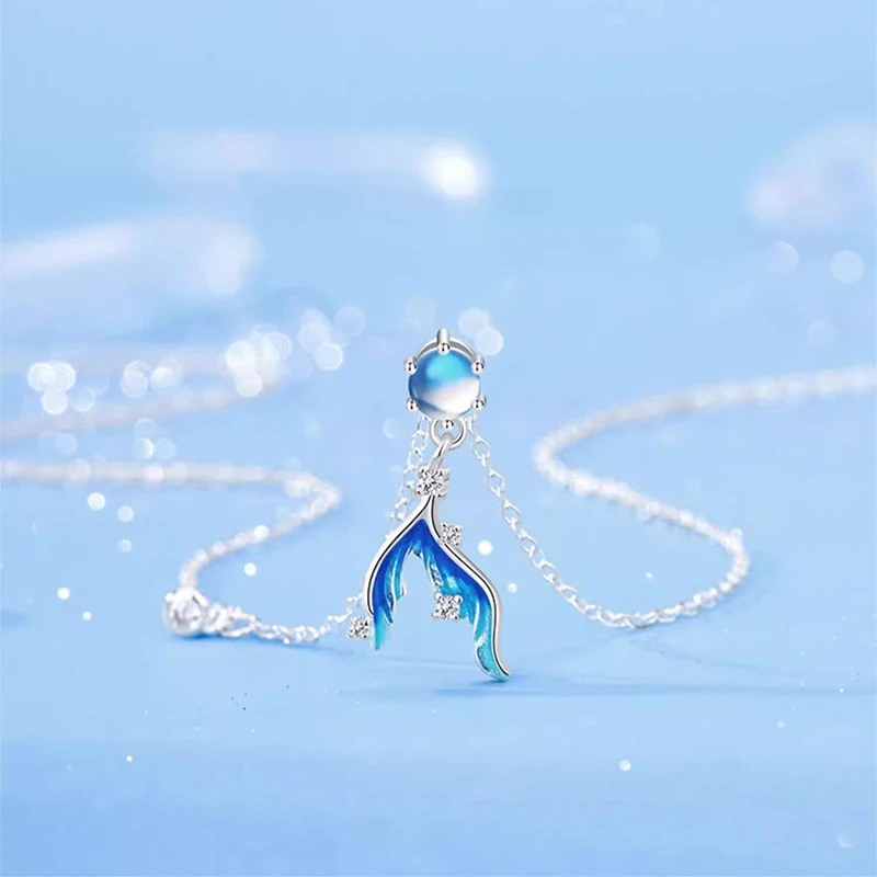 S925 Silver Exquisite Minimalism Blue Fish Tail with Moonstone Charm, Minimalist Ocean Theme Jewelry Anniversary Present