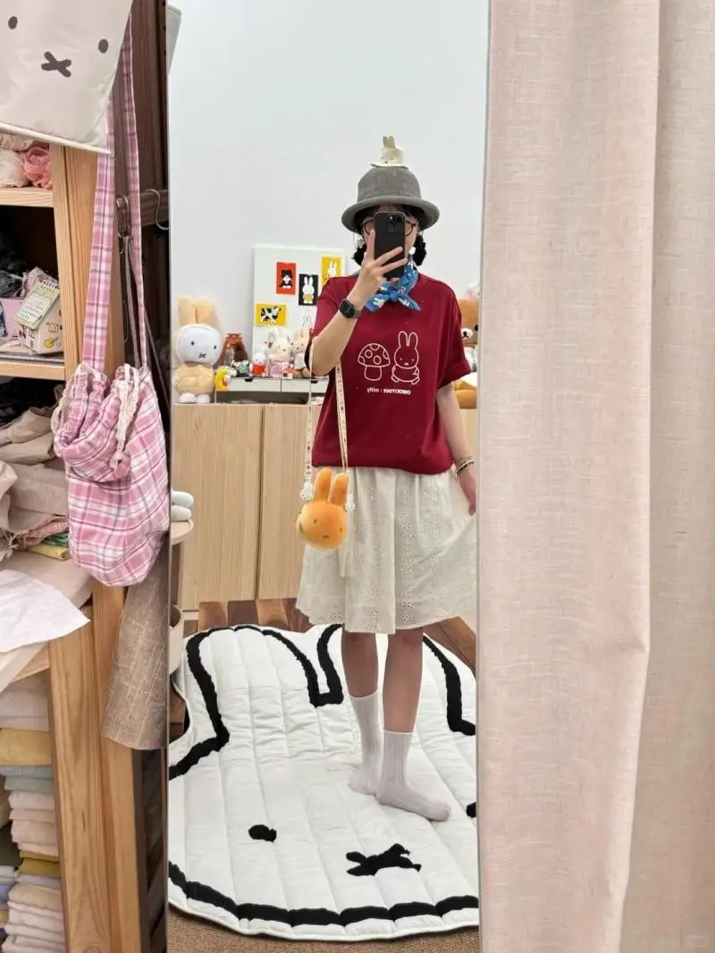 ميفي أرنب جديد أحمر قصير الأكمام Kawaii أرنب طباعة لطيف وعصري فتاة الزي الكرتون الأطفال ملابس لطيف