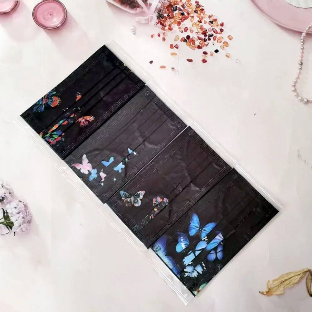 10pcs Colorful Butterfly Print Disposable Face Mask Black Non-woven Fabric Anti Dust Mask Skin Friendly Three-layer