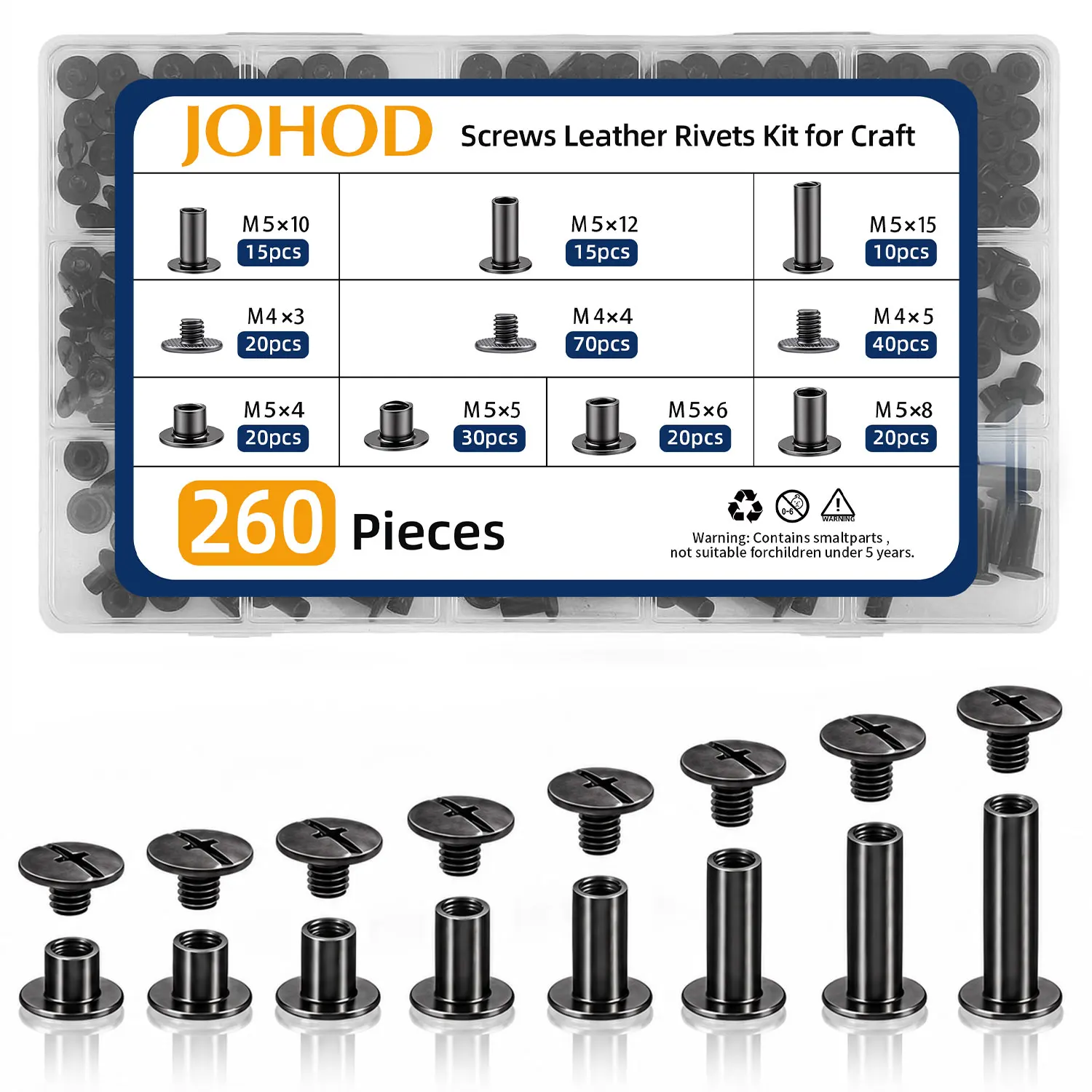 260 Pcs 130 Sets Chicago Screws for Leather 7 Sizes Gunmetal Black Screw Rivets for Belts Bags Wallets Bookbinding DIY Crafts