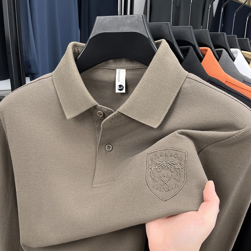 قميص بولو رجالي فاخر بأكمام طويلة وطية صدر السترة 100% قطن قابل للتنفس ومضاد للبيلينغ ملابس رجالية كلاسيكية عصرية متعددة الاستخدامات #5
