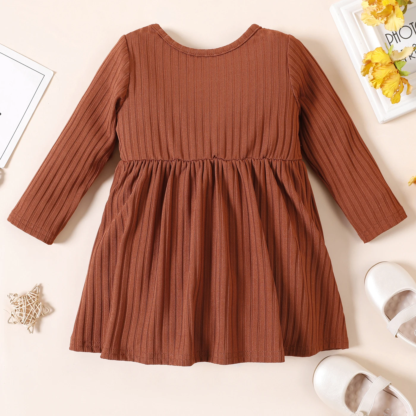 PatPat Baby Girl Ribbed Brown/White Butterfly Print Long-sleeve Dress Perfect for Outings and Daily Wear Basic Style