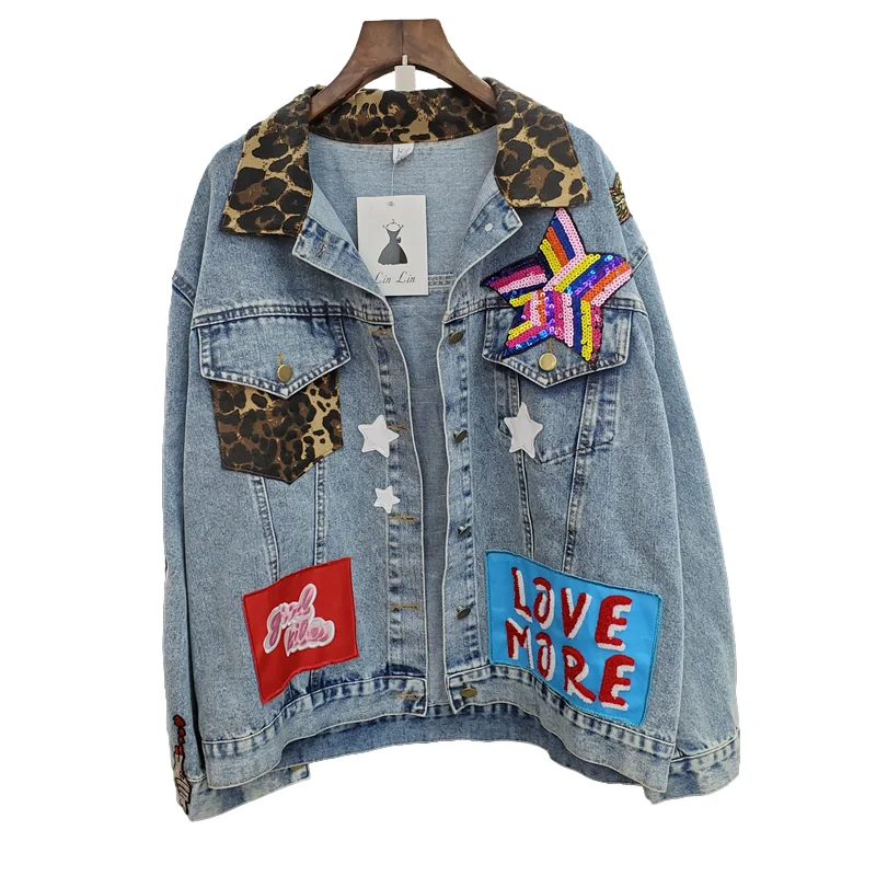 Multicolour Sequins Patch Design Denim Jacket Women Loose Short Cowboy Outwear Leopard Print Splicing Pocket Jeans Jacket Female