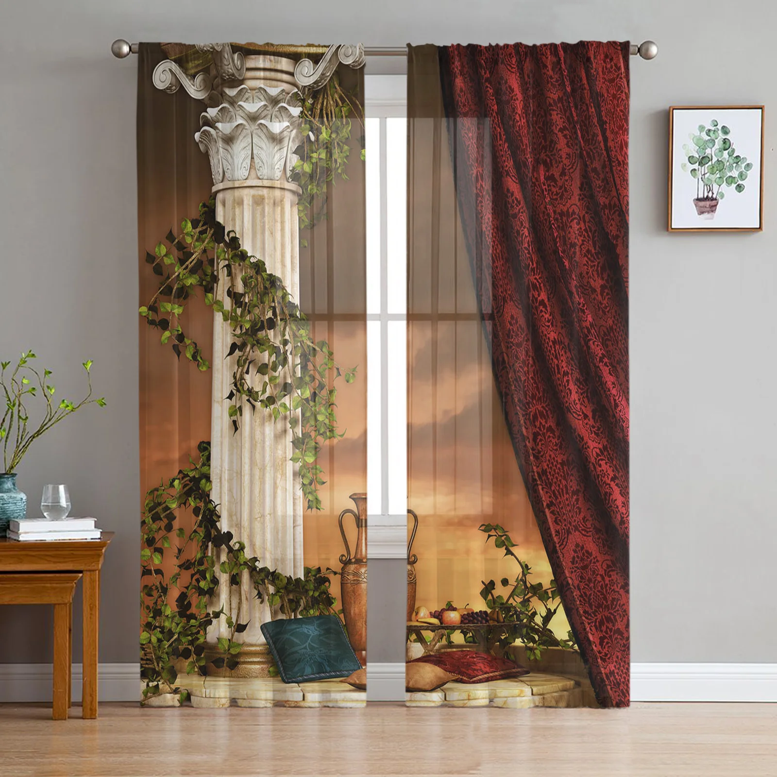 Pillar Vase Vine Table Sky Red Voile Tulle Curtains for Living Room Cafe Home Decor Window Drape Bedroom Balcony Chiffon Curtain