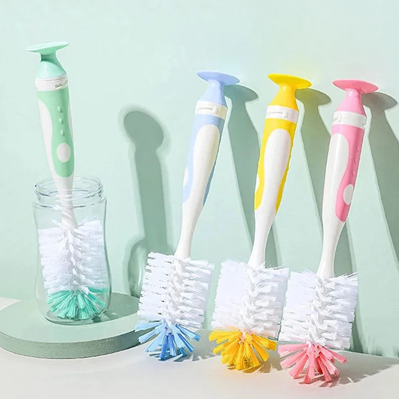 1Pc 2 In 1 Nylon Baby Bottle Cup Cleaning Brush Suction Stand Type Feeding Cleaning Tool  Brush Set