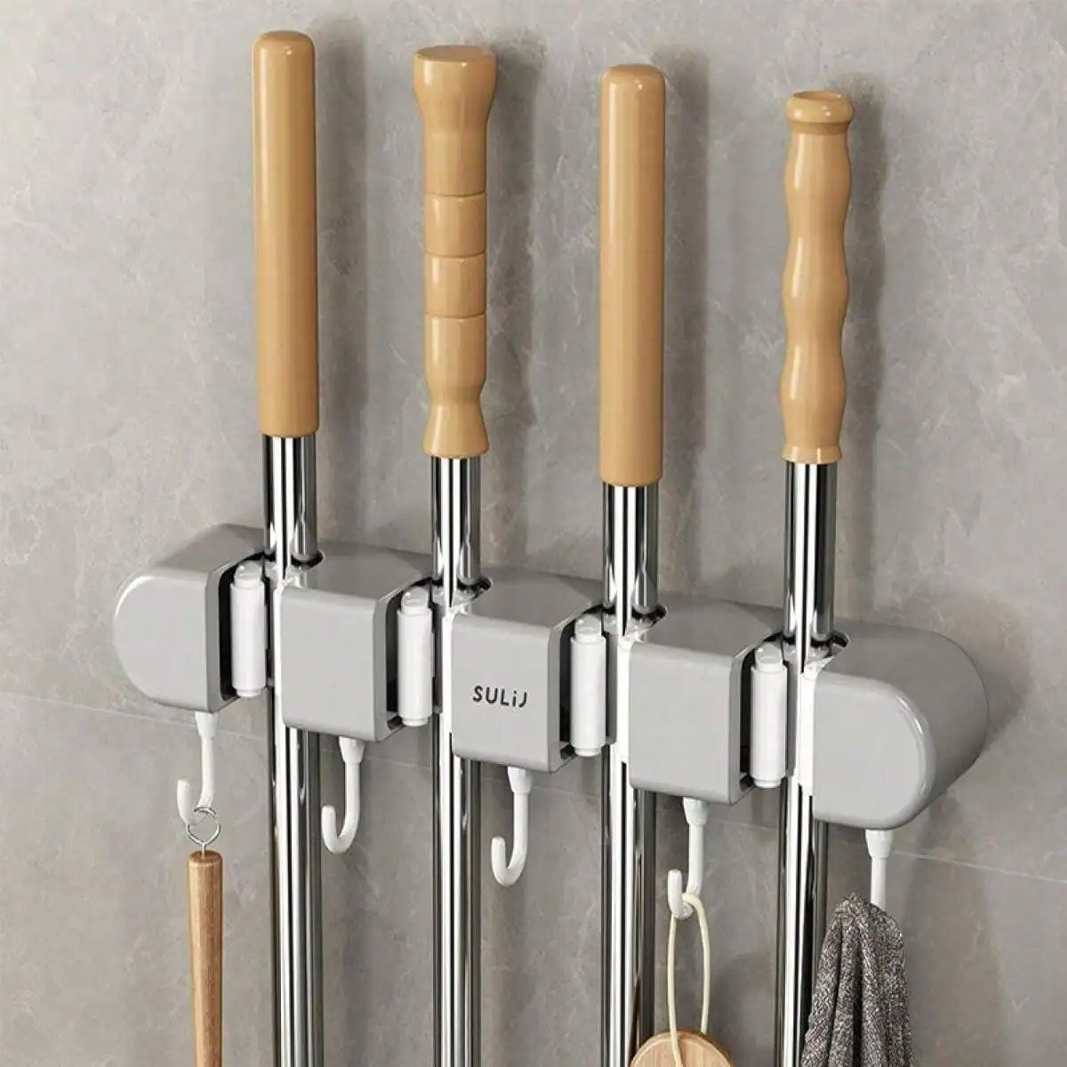 

1pc ABS Material Mop Holder, Strong Adhesive Multi-Function Mop & Broom Storage Hook - No Drilling Wall Mounted Sticky Rack, Easy Installation, Home Cleaning Tool Organizer For Bathroom, Kitchen, Garden, Toilet, Cleaning Accessories, Home Gadgets, Storage
