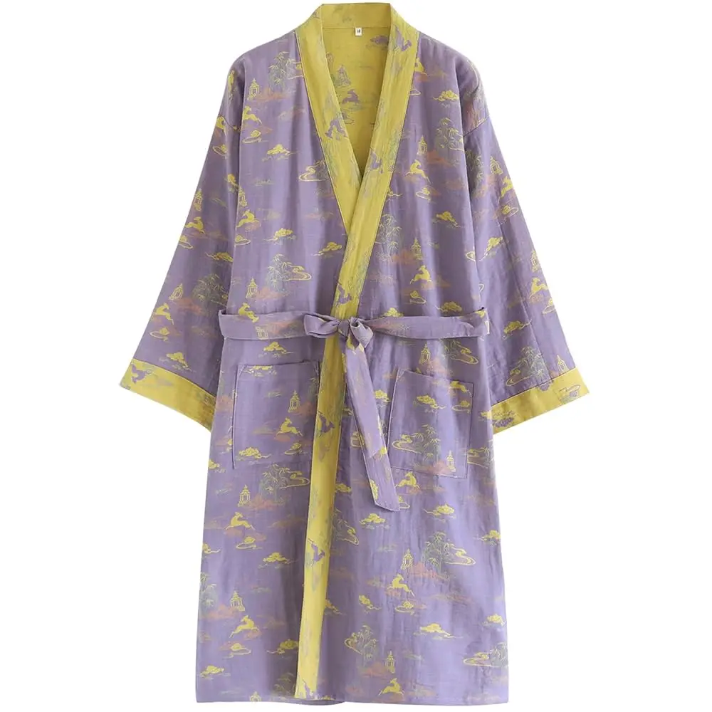 Kimono Robes for Women Cotton Gauze Long Robe Japanese Sleepwear Yukata Jacquard Bathrobe Floral Sauna Loungewear
