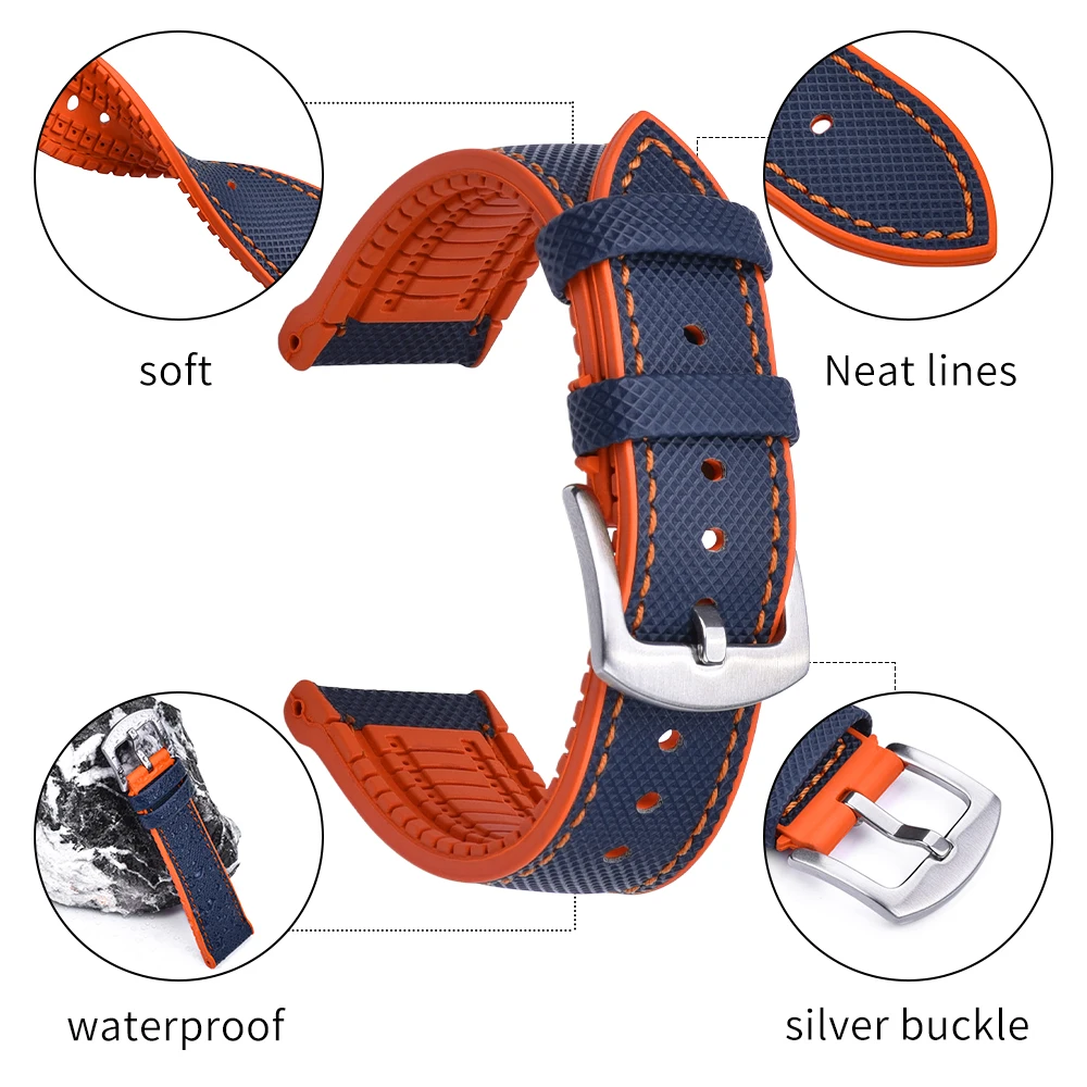 Leather+Rubber Watch Strap Leather Watchband 20mm 22mm Rubber Strap Sports Waterproof Strap for Men Women Wristwatch Replacement