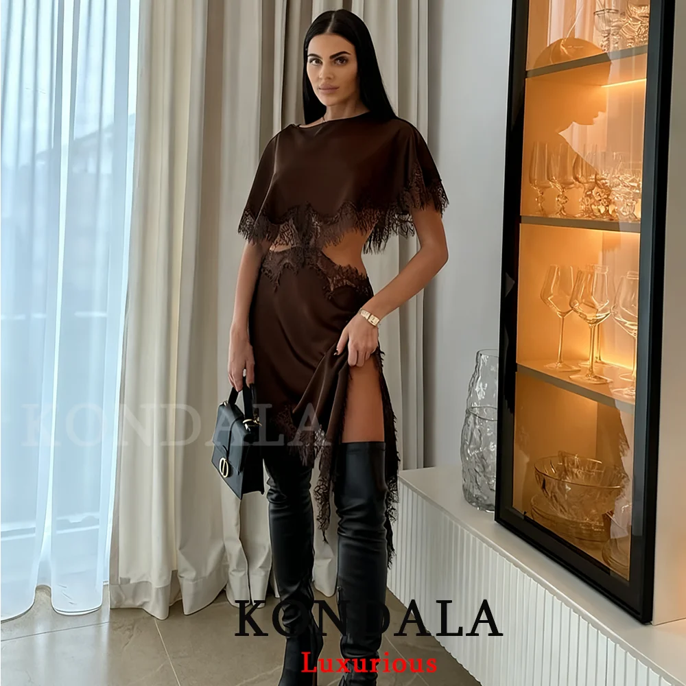 KONDALA Sexy Chic Schwarz Satin Frauen Party Kleid Kurzarm Aushöhlen Side Split Kleid Mode 2026 Abend Club Elegante Kleid