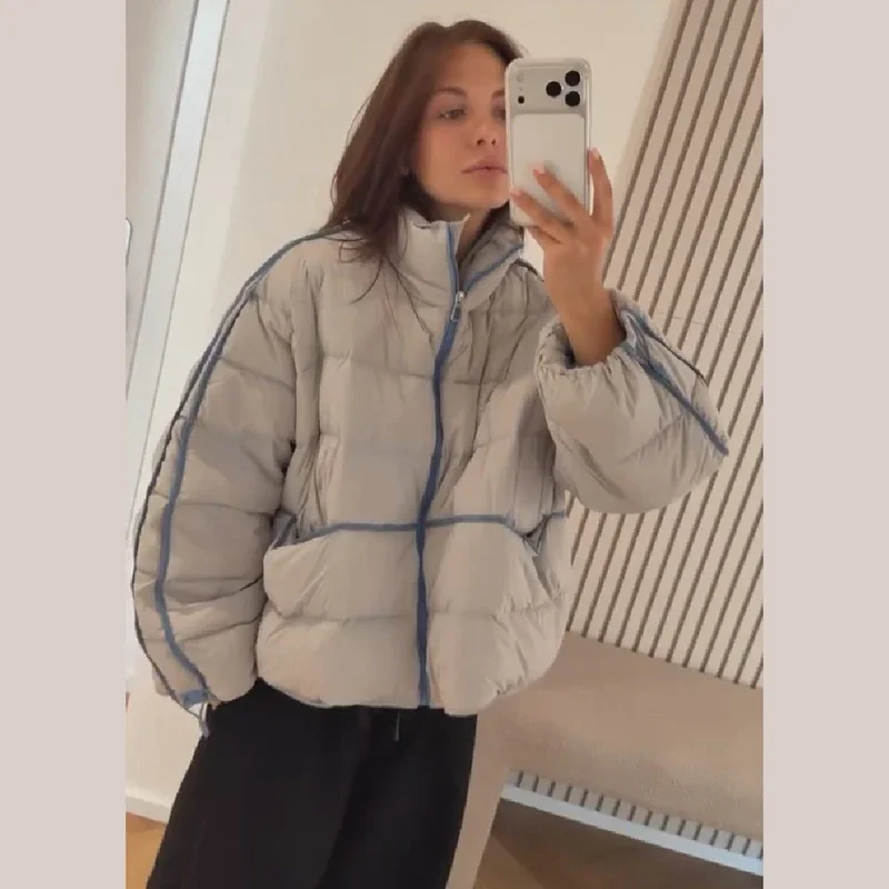 Women's Cropped Puffer Jacket Contrast Color Piping Stand Collar Zip Up Loose Fit Warm Padded Coat Female Casual Commuter Outfit