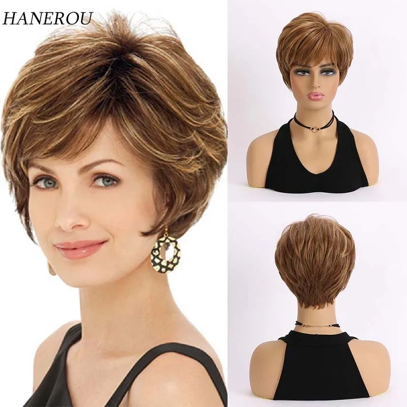 

Short Pixie Cut Brown Mixed Golden Yellow Synthetic Wigs Layered Curly Wig with Fluffy Bangs for Women Daily Heat Resistant Hair