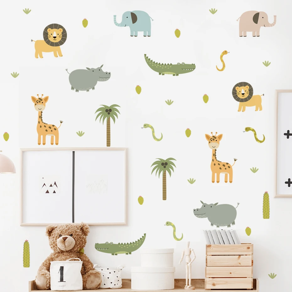 Akwarela Cute Cartoon safari Animals Hippo Elephant Nursery Wall Stickers for Kids Room Bedroom Decor Wall Decals Wallpaper