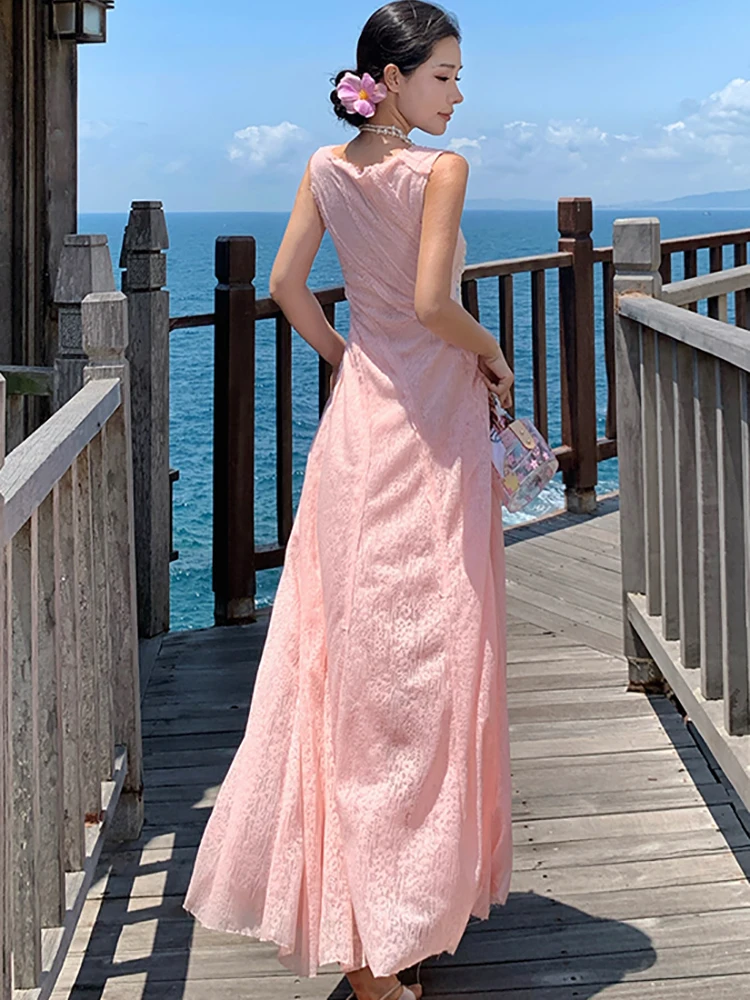 2025 Nuovo pizzo rosa jacquard chic fionda abito lungo sexy estate Boho elegante casual Holiady vestito da donna coreano aderente vestito da partito