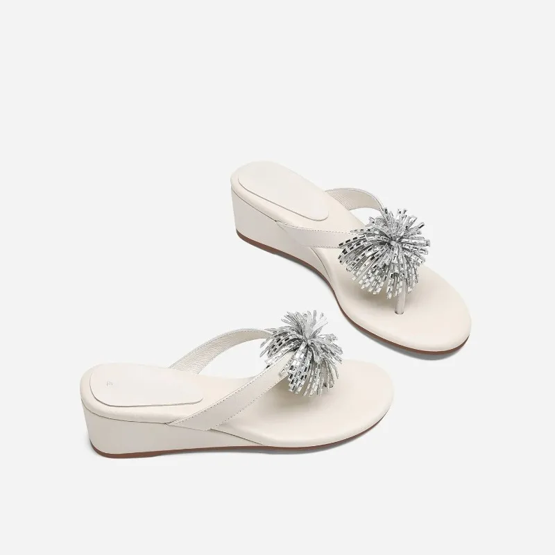 Rhinestone Flower Wedge Flip-flops Women Summer Wear 2026 New Style with Skirt Small Toe Sandals