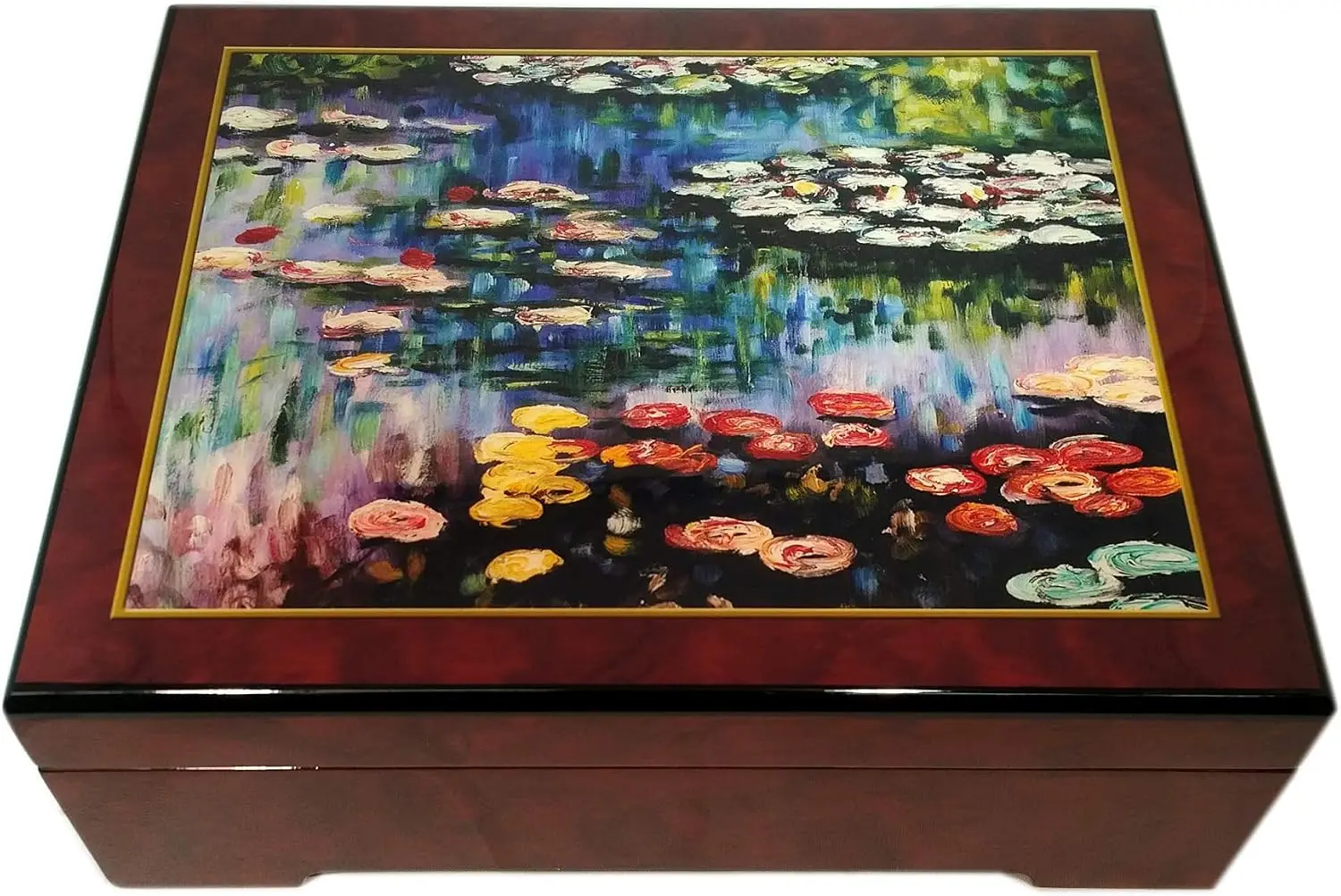 Musical Jewelry Box with Classic Impressionist Lily Pond Artwork, Elegant Floral Keepsake Storage and Built-In Music