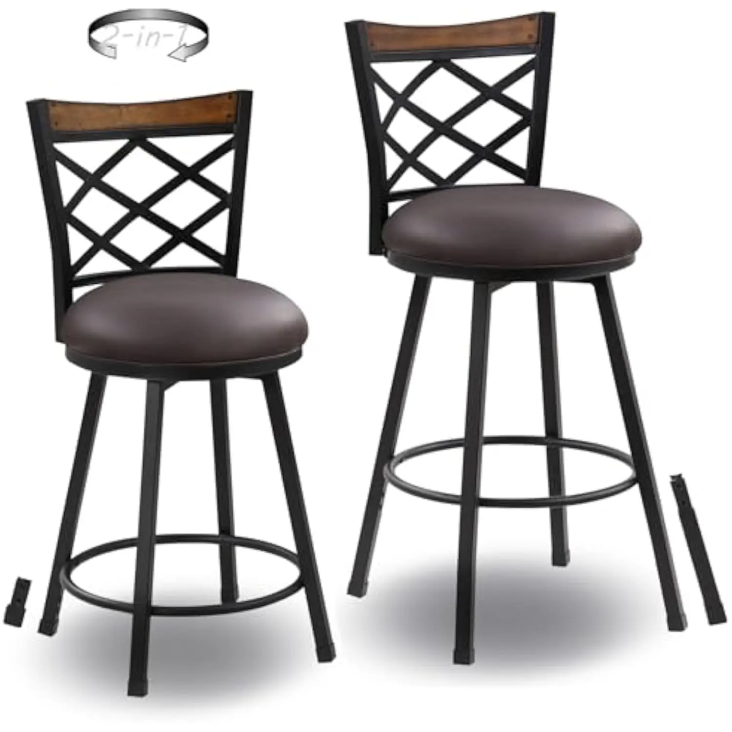 

Swivel Bar Chair Set of 2, 24/29 Inch (2-in-1) Adjustable Seat Height Bar Stool with Back,Kitchen Island Barstool for Pub,360°