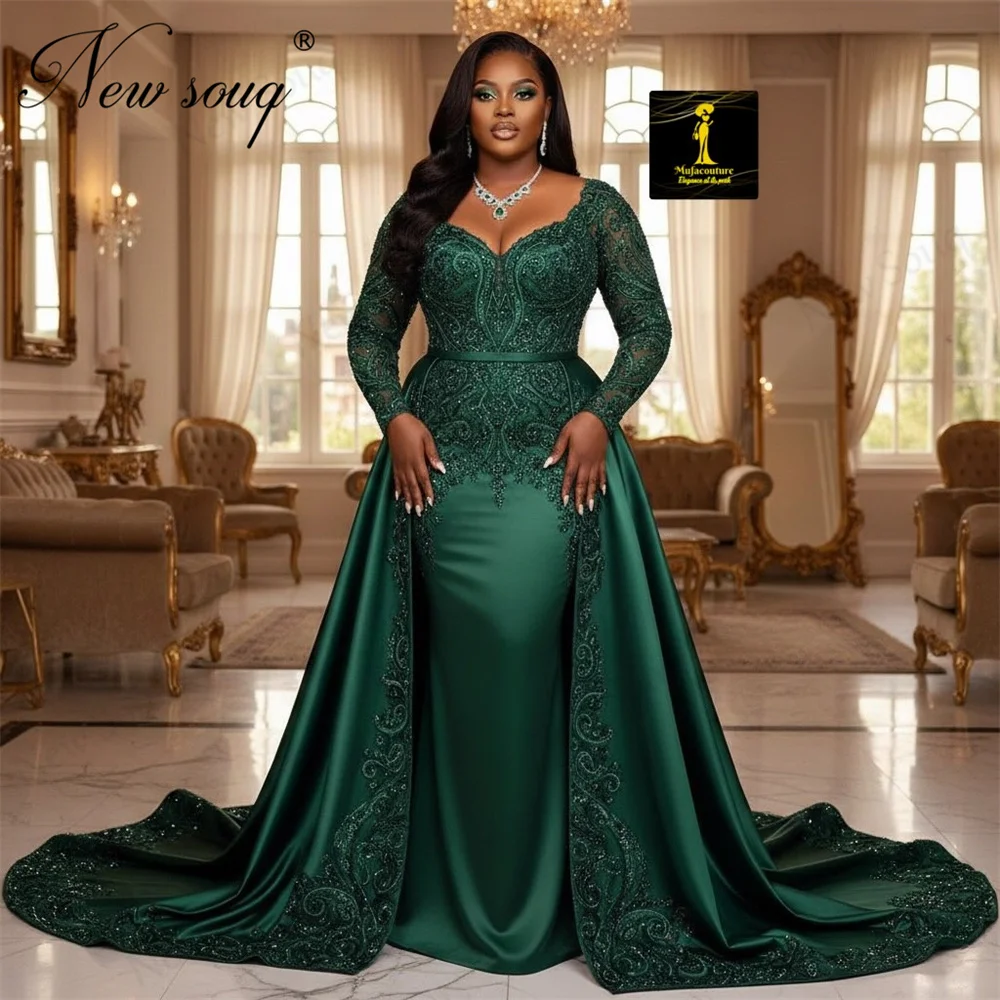 

Nigeria Green Long Sleeves Evening Dresses With Long Train Elegant Aso Ebi Beaded Appliques Wedding Party Gowns Customized Prom