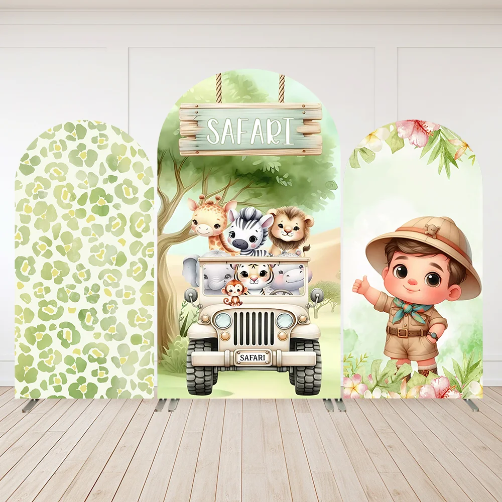 

Boy Safari Party Arched Wall Backdrop Green Giraffe Prints Wild One Baby Shower Birthday Arch Cover Background Banner 2-Sided