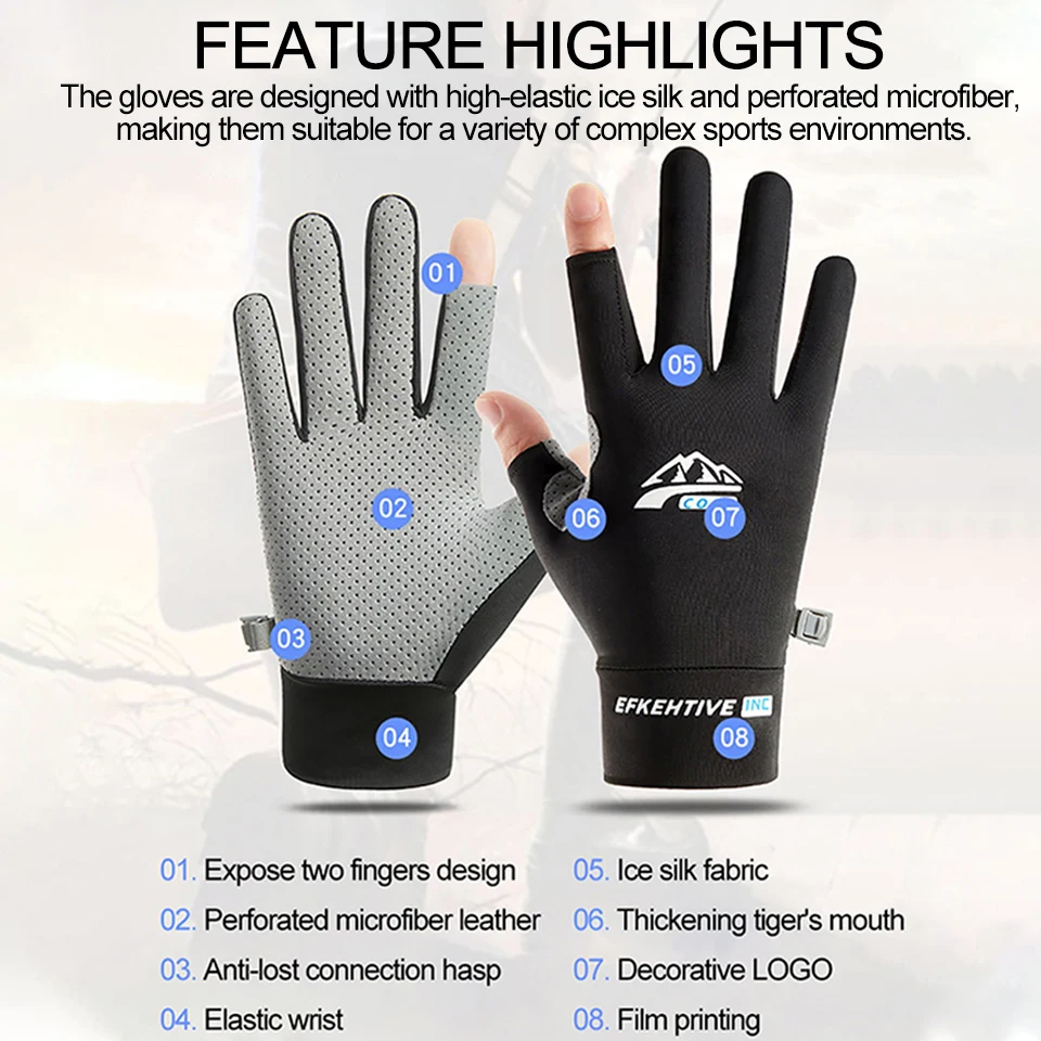 LOOGDEEL Sun Protection Fishing Gloves Ice Silk Sports Cycling Running Fishing Gloves Unisex Anti-slip Breathable Anti-UV Gloves