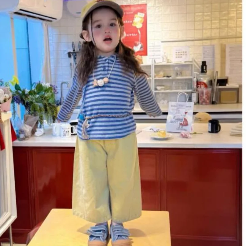 

Худи с капюшоном для девочек, хлопок, размеры S-M, детская, весна 2026, новый стиль, милые полоски, двойные пуговицы, на шнурке, длинный рукав