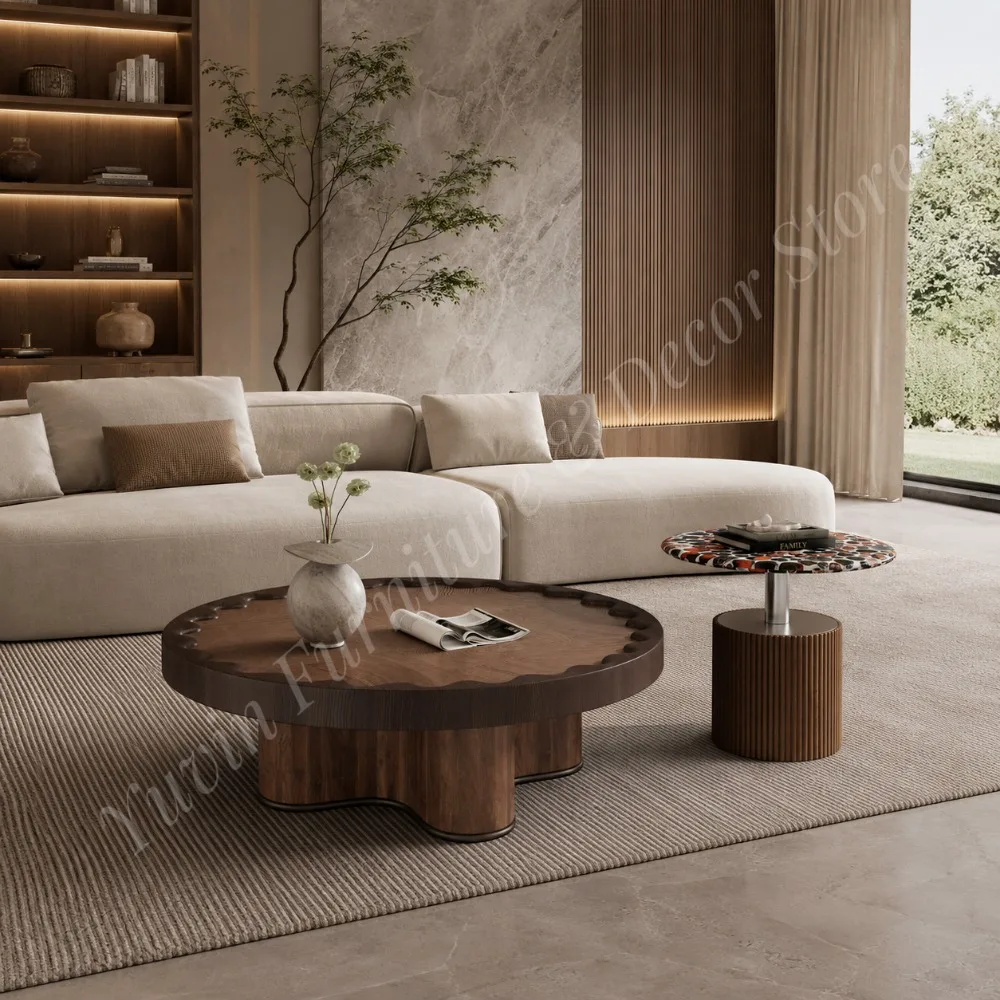 Italian Minimalist Twin Round Coffee Table with Wavy Legs Fiberboard Material Home Furniture for Bedroom and Living Room