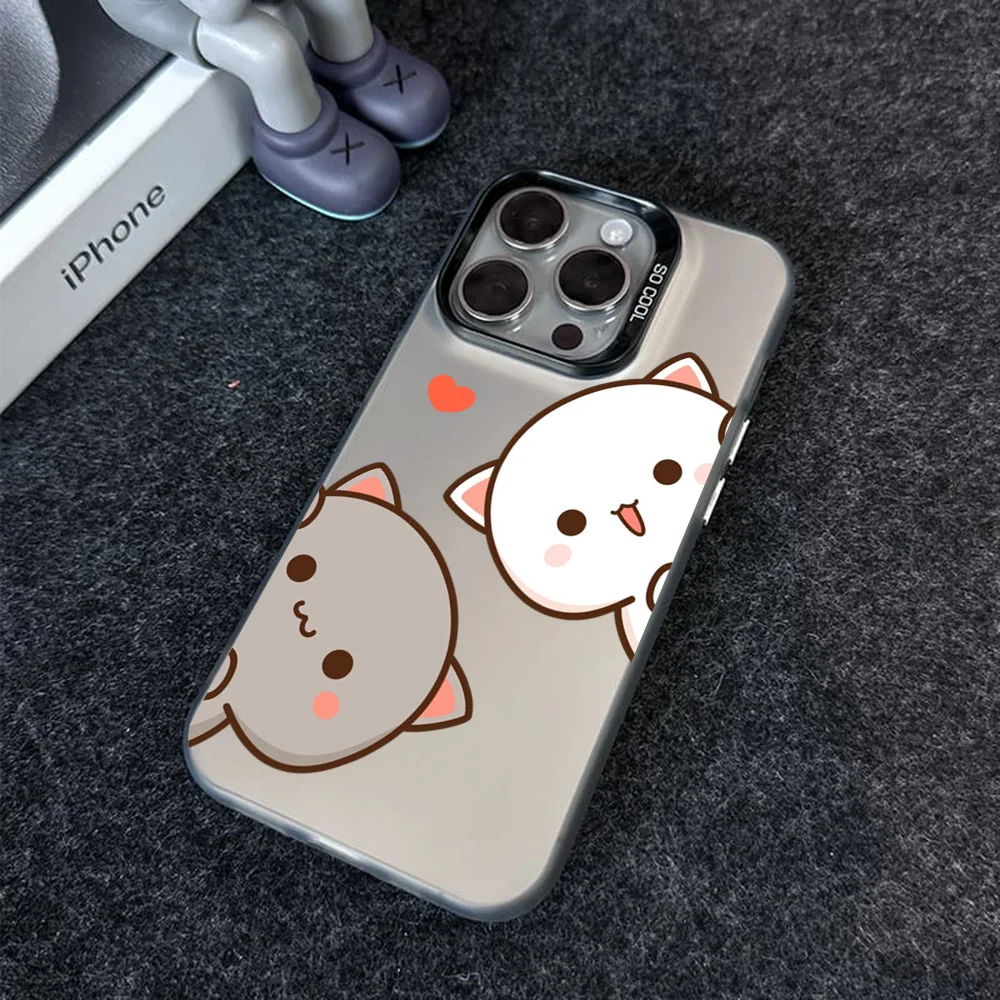 Peach Mochi Cat Cartoon Phone Case IMD Color Silver Shell For IPhone 16 15 14 13 12 11 X XR Pro Max Plus