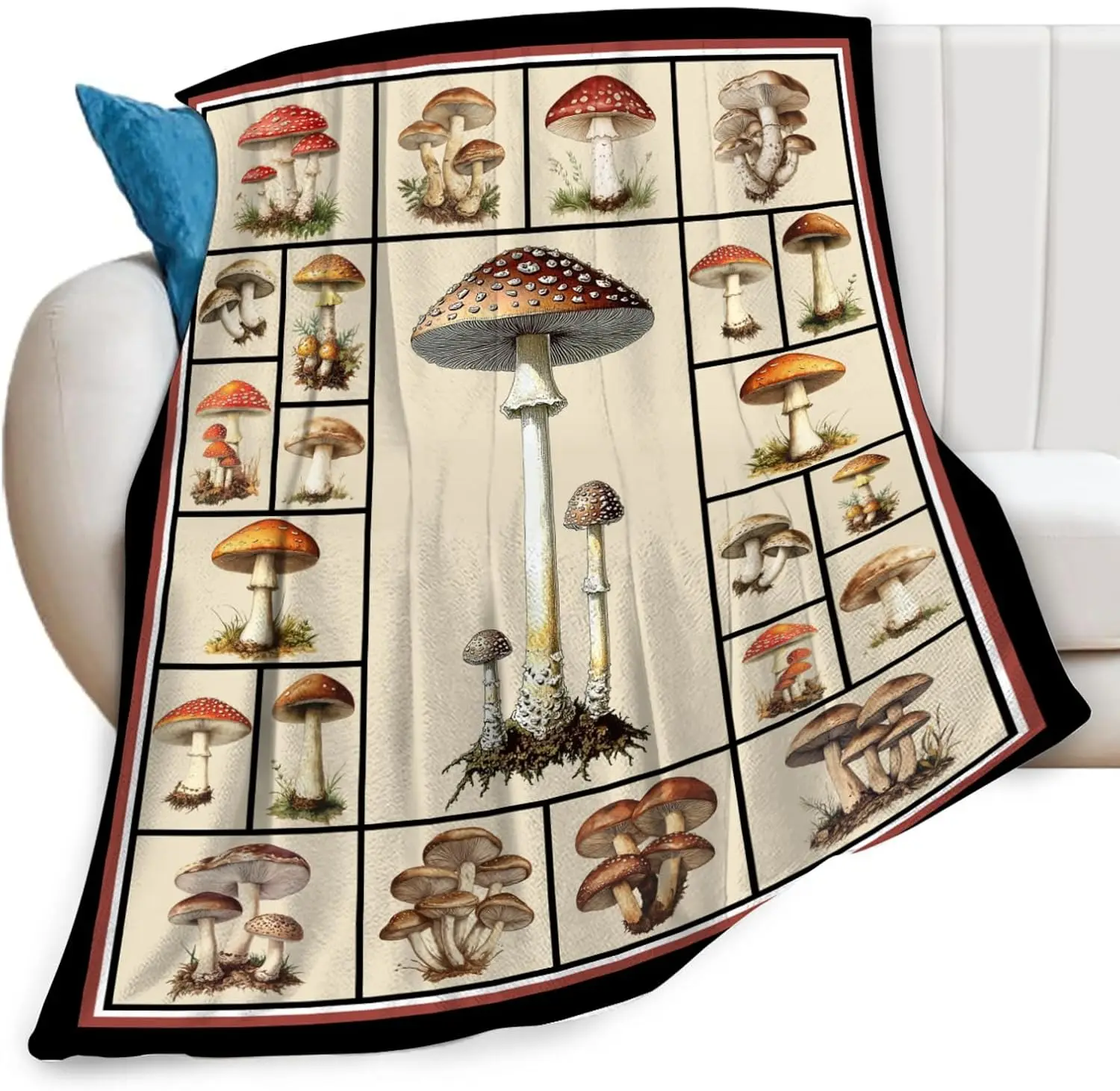 Large Mushroom Print Throw Blanket Forest Nature Botanical Illustration Cozy Picnic Sofa Bedding 150x200cm
