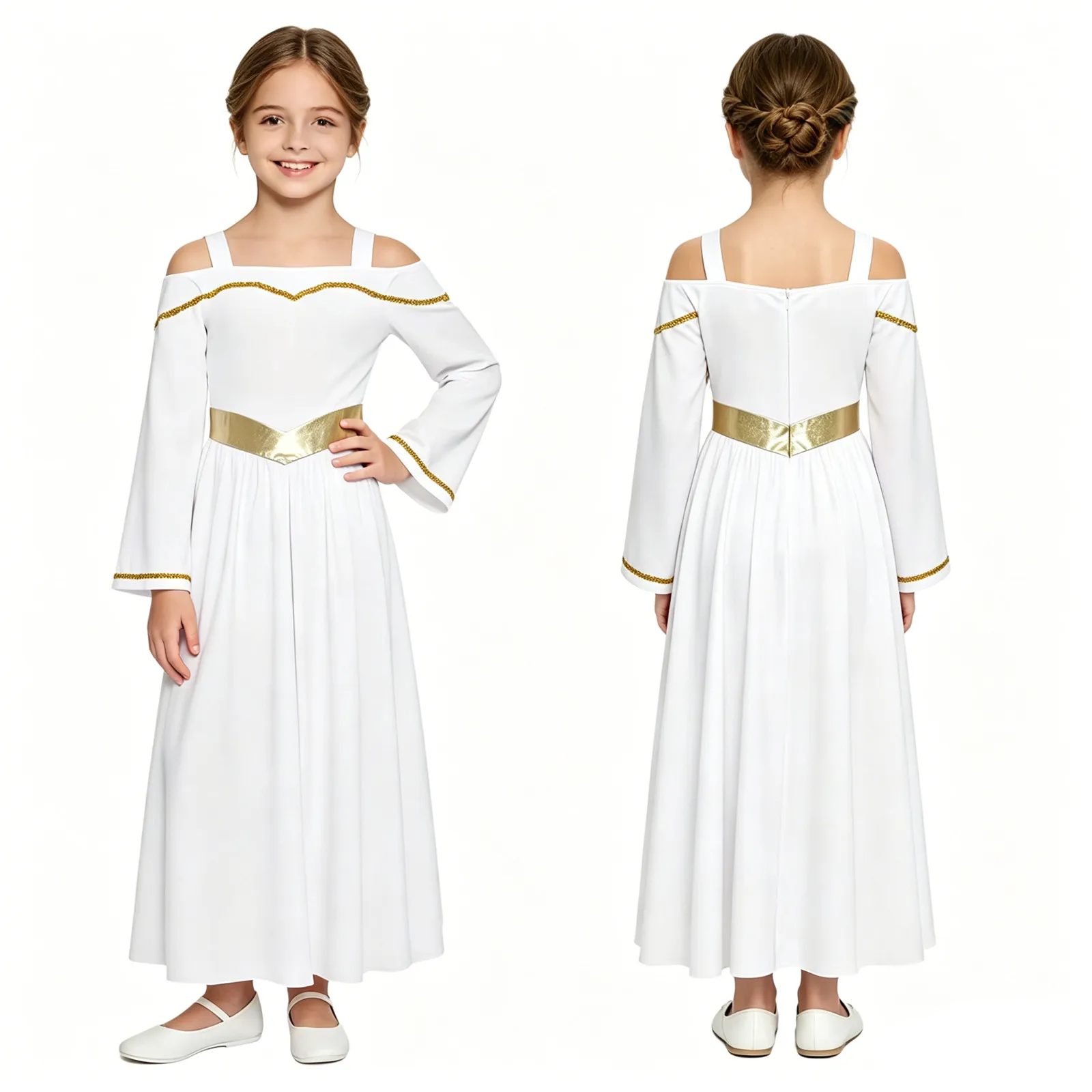Mädchen Engel-Kleid mit Langen Ärmeln, Liturgisches Gottesdienst-Kirchenchor-Gewand, Antikes Griechisch-Römisches Göttinnen-Toga-Kostüm