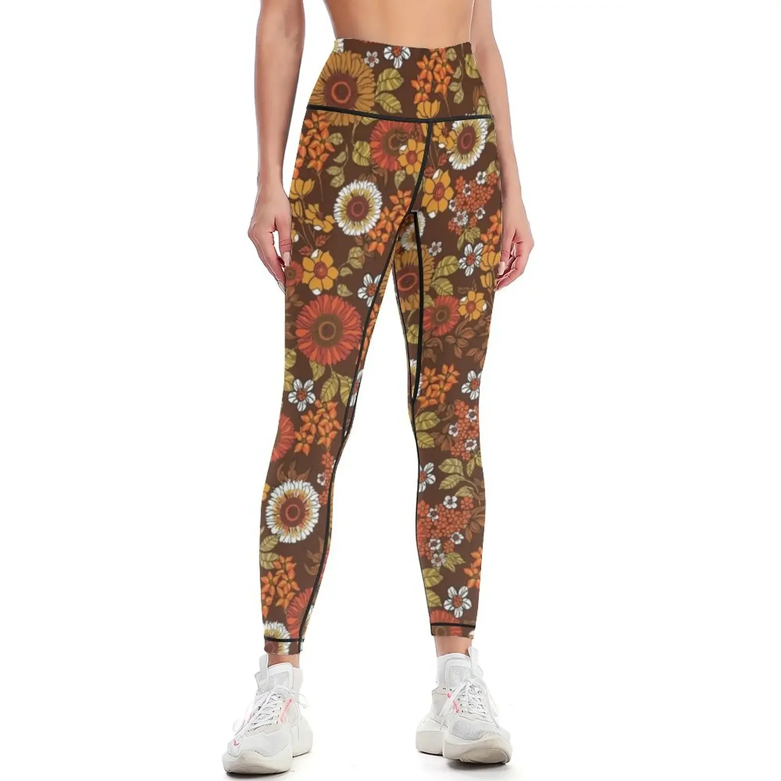 

70s vintage boho flowers, orange, browns, hippie, flower power Leggings for physical Golf wear Womens Leggings
