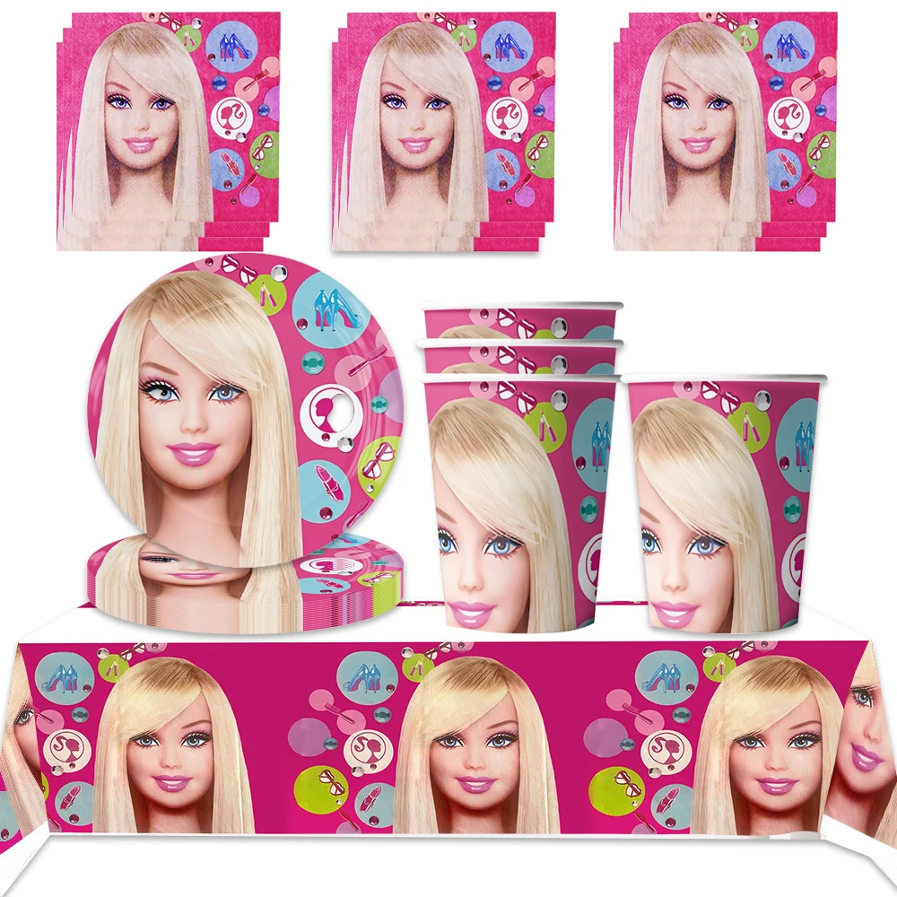 61pcs/lot Barbi Girl Birthday Party Kids Girls Favors Cups Plates Pink Princess Napkins Decoration Tablecloth Supplies