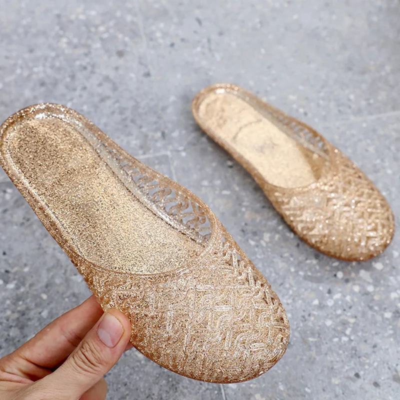 Women Plastic Flats Jelly Crystal Round Toe Slippers Hollow Raining Day Antiskip Slides Wide Fitting Slip-On Gold Red Pinkish 41