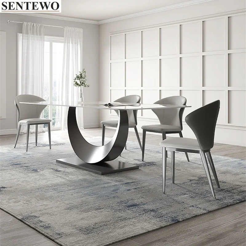 SENTEWO Luxury Rock Slab Dining Room Table 4 Chairs Set Titanium Grey Base Faux Marble Table Home Furniture Muebles Para Cocina